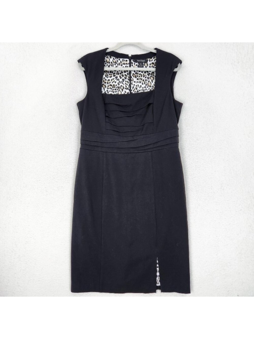 WHBM Dress Womens 14 Black Square Neck Pleated Sheath Knee Length Classic Career